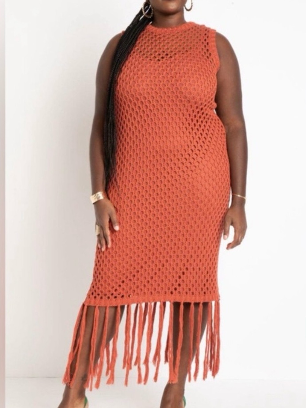 Eloquii Rust Crochet Fringe Dress